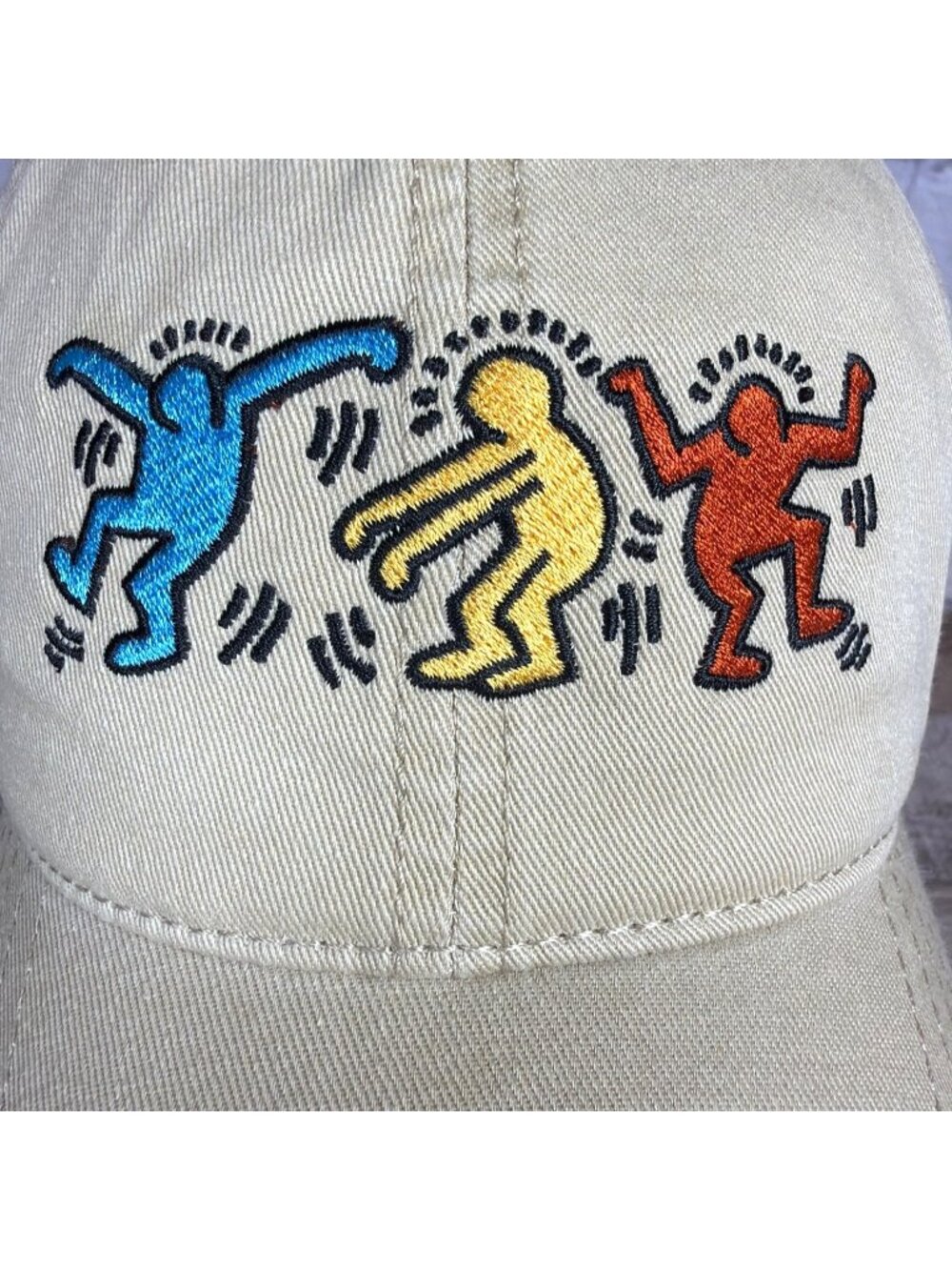 Keith Haring Dancing Figures Adjustable Baseball Cap Khaki Tan Dad Hat Cotton - Picture 2 of 12